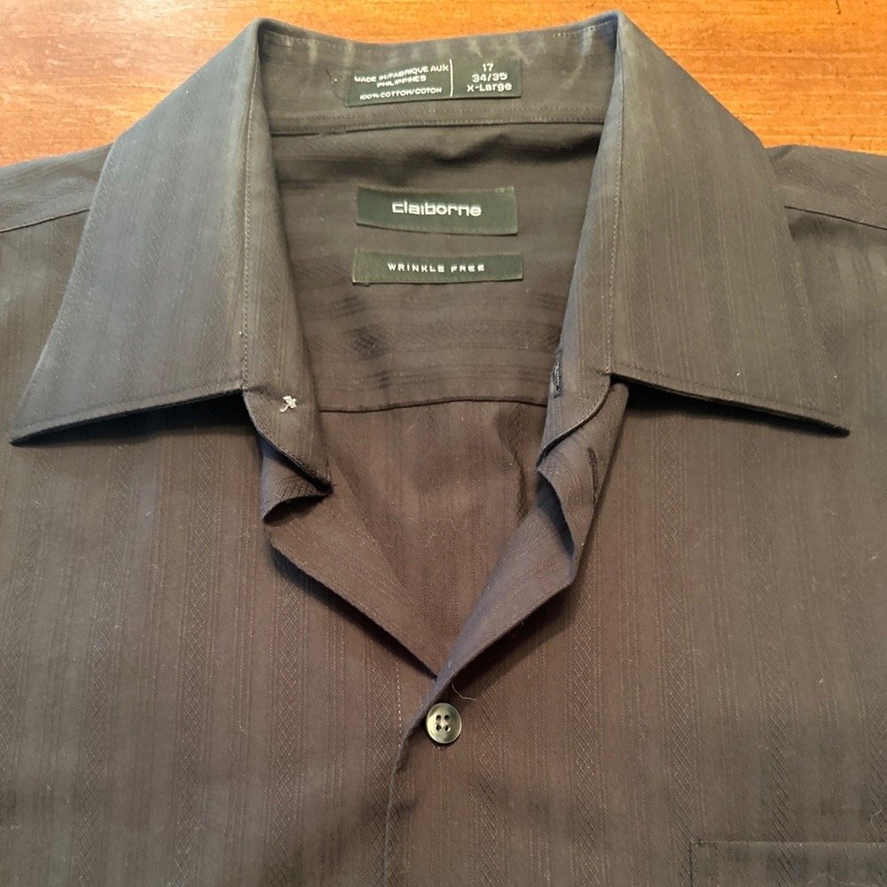 Claiborne Dress Shirt Mens XL Black Excellent Wrinkle Free Striped Cotton